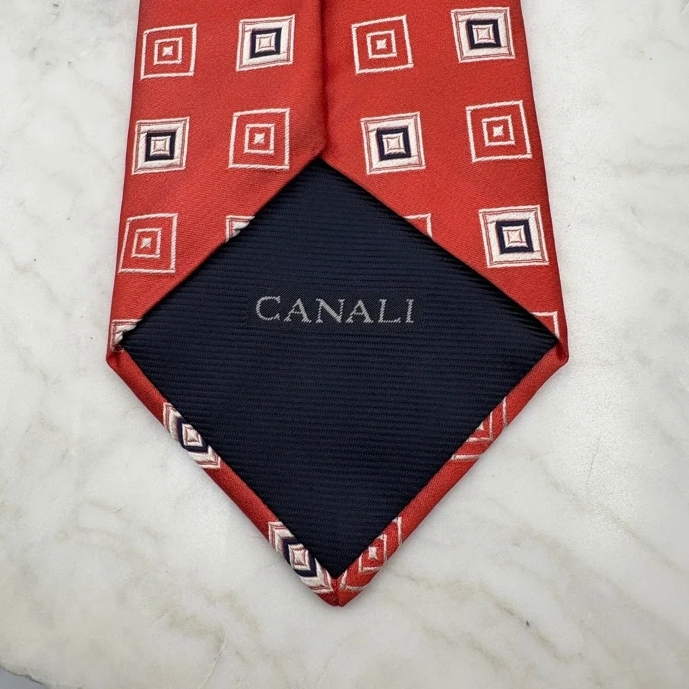 Canali Red Silk Geometric Square Pattern Stripe Mens Neck Tie Italy FLAW 3.75x61